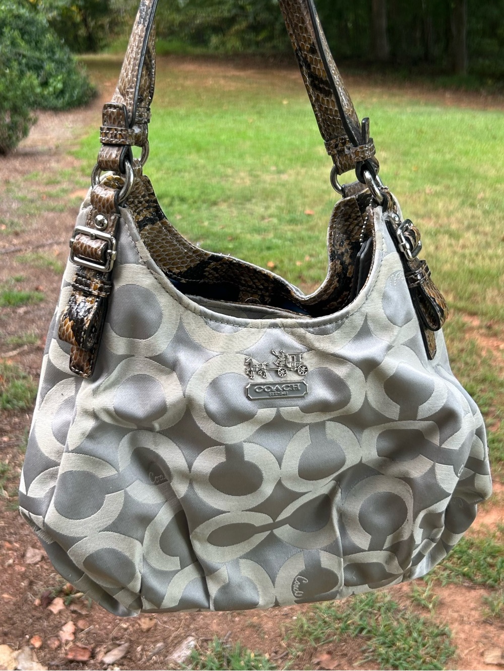 Coach Madison Op Art Sateen Maggie Shoulder Bag Gray 17689 Snakeskin Trim